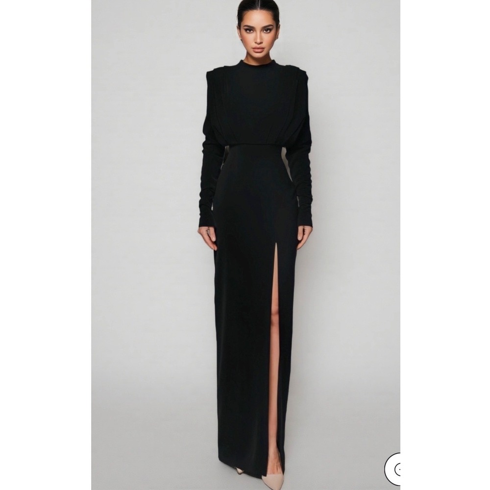 Witness of Love Black High Neck Open Back Maxi Dress Long Sleeve Slit Size XL